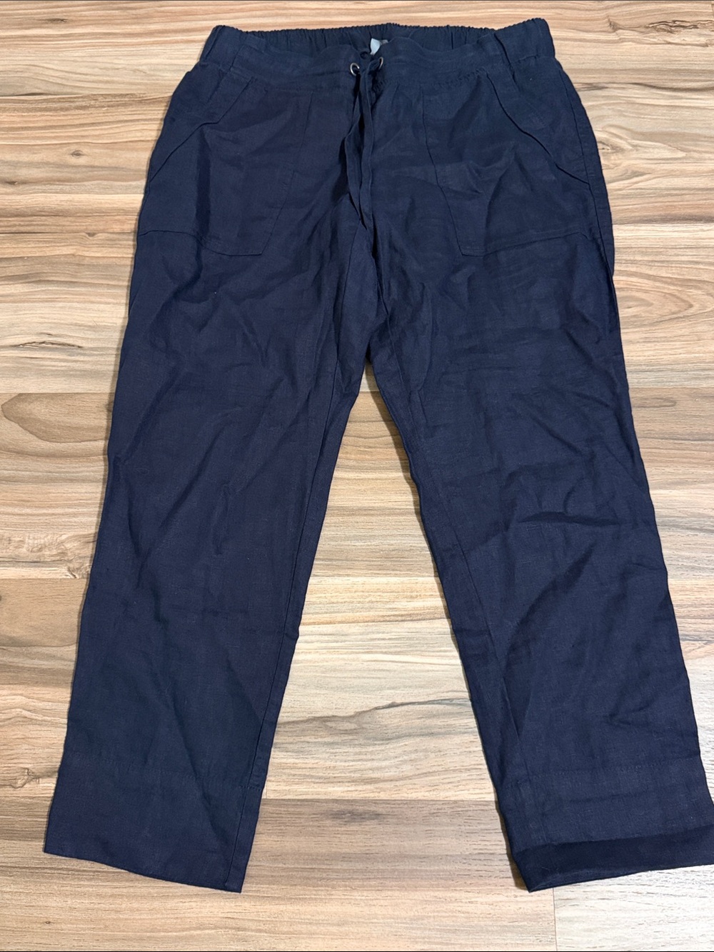 Athleta Retreat Linen Ankle Pants Sz. 10 Navy High Rise Straight Leg Coastal